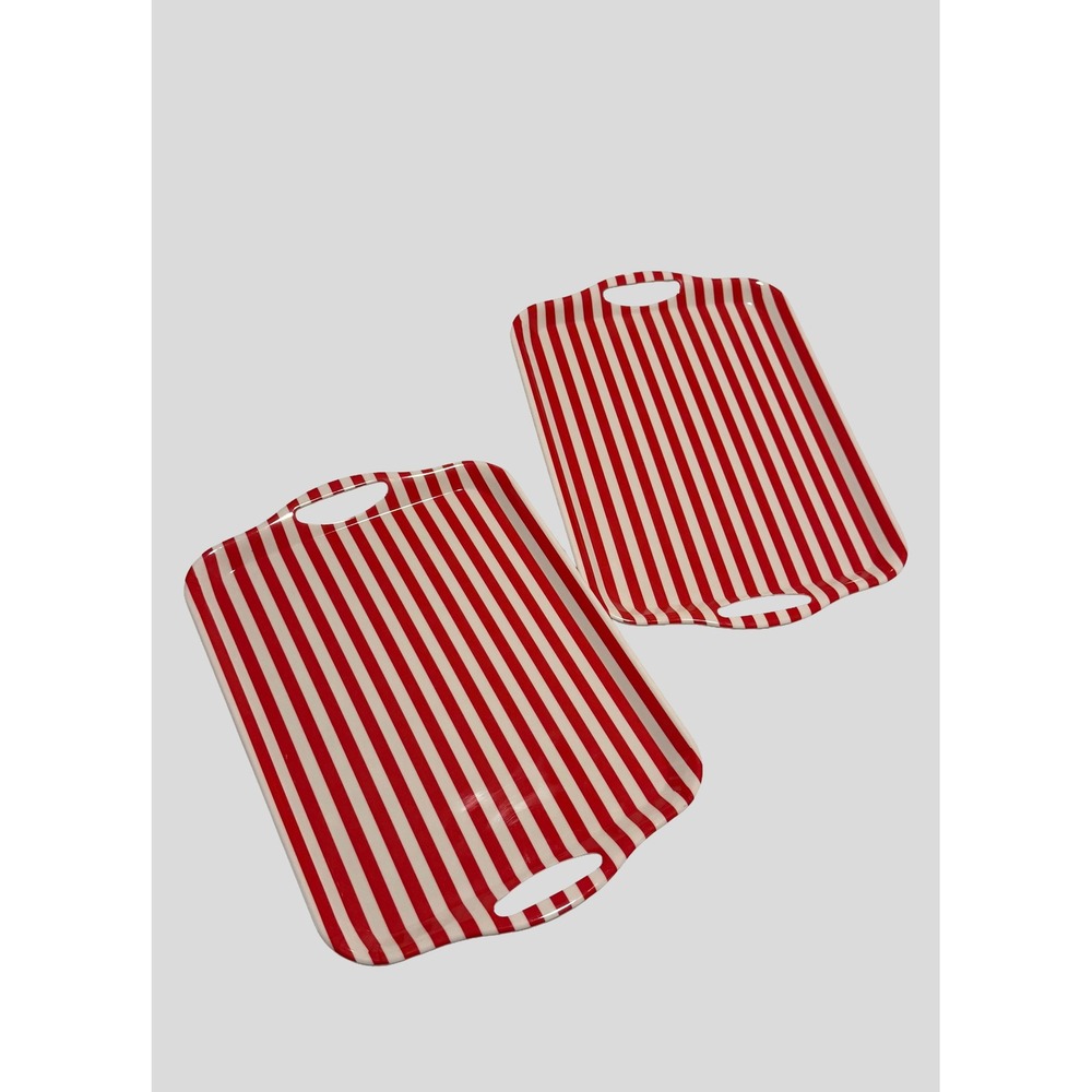Set of 2 Red and White Striped Serving Trays with Handles Melamine 15.5x10.5